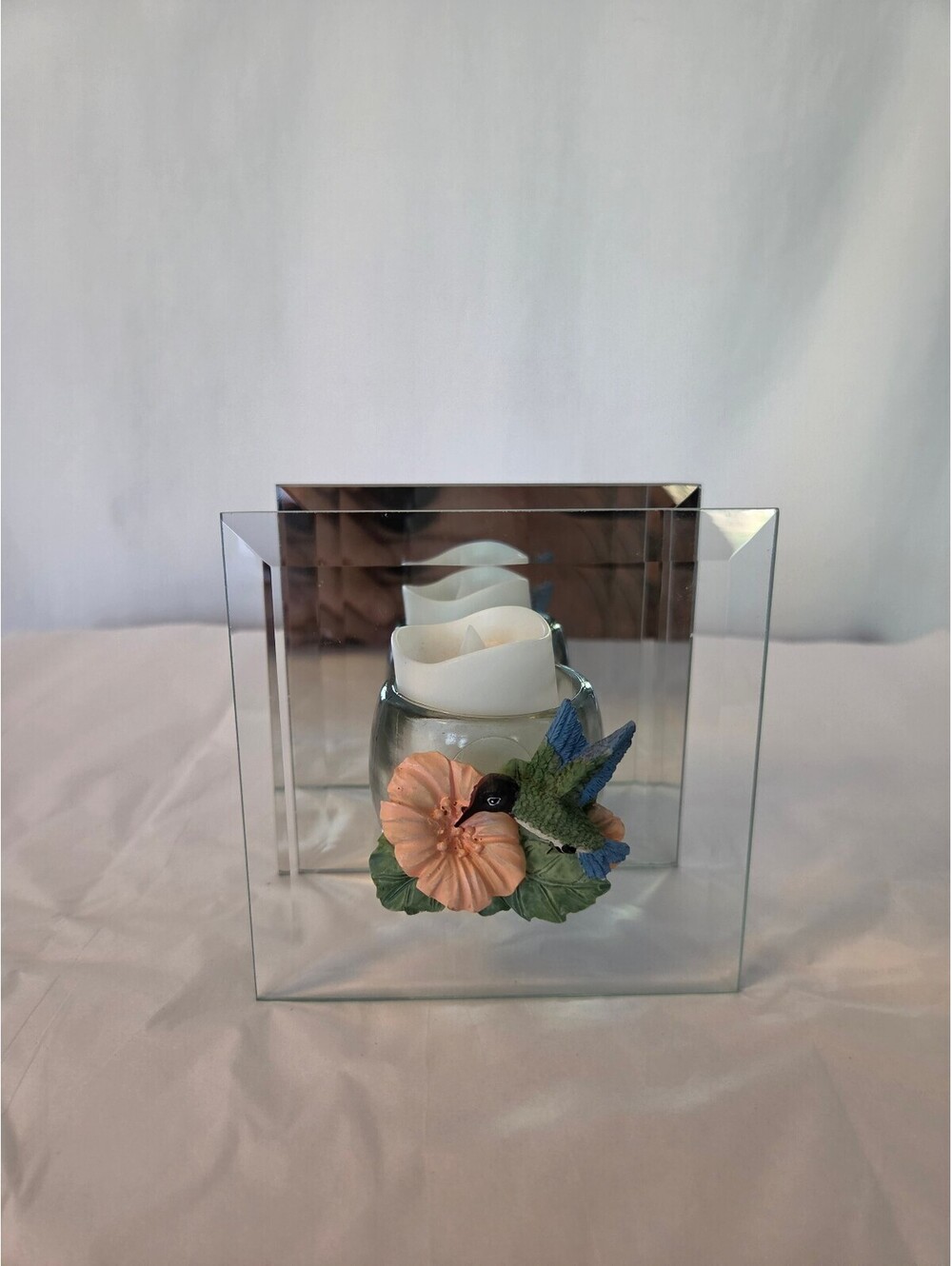 Decorative Glass Candle Holder with Floral and HummingBird Accent